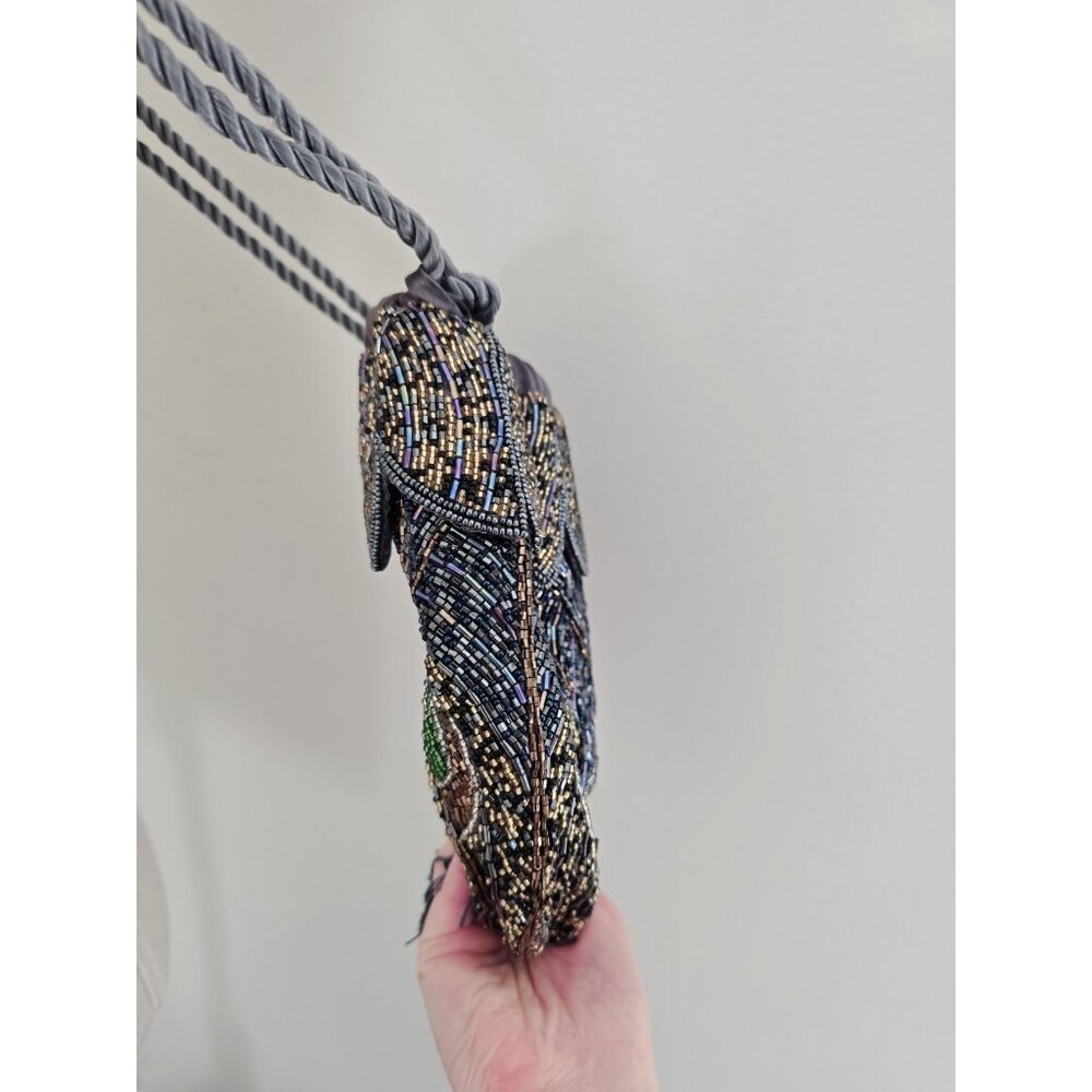 Peacock Beaded Satin Pouch Purse Crossbody Tapestry Strap Vintage Inspired Bird - Picture 6 of 11
